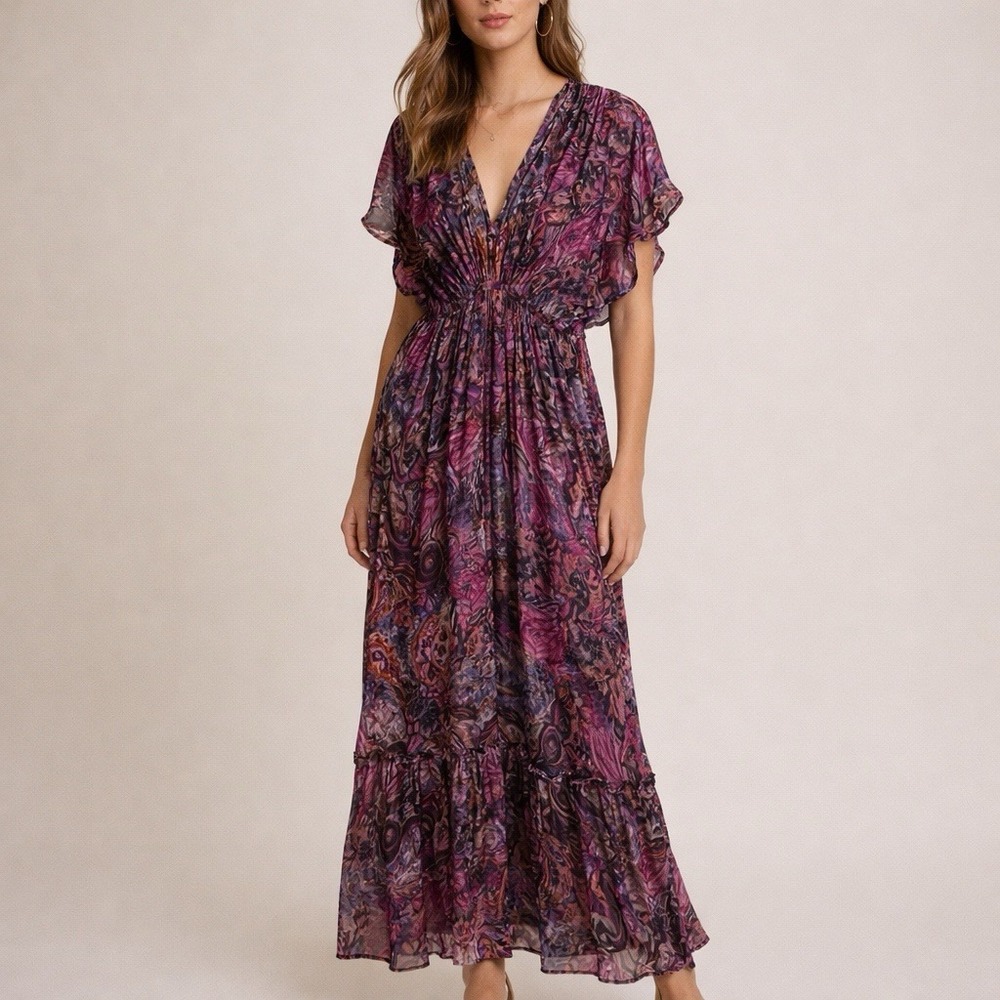 MISA Los Angeles Boho Tiered Dress Womens M Chiffons Tiered Ruffle Fairy Midi